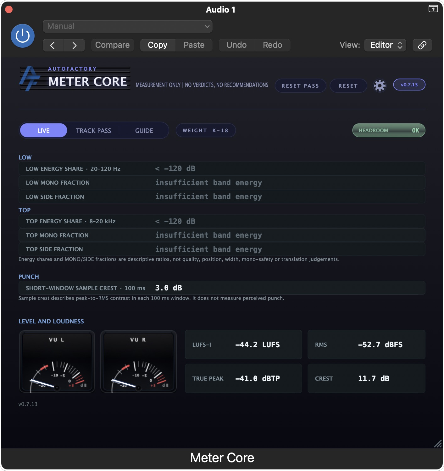 Released Meter Core 0.7.13 interface showing measured values and HEADROOM status