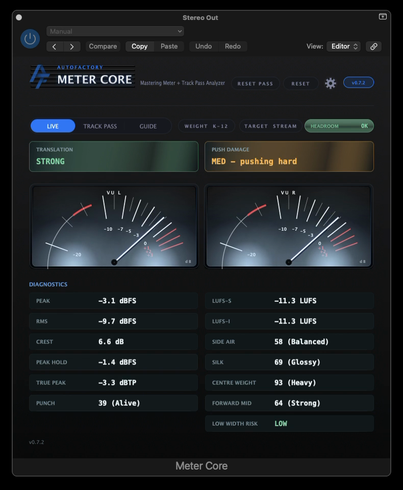 Meter Core interface with VU and analysis panels
